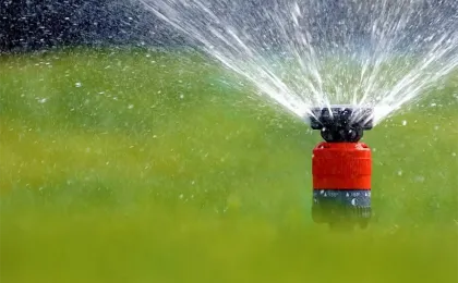 Ein moderner Versenkregner sprüht feines Wasser auf eine grüne Rasenfläche. Effiziente Gartenbewässerung im Einsatz.